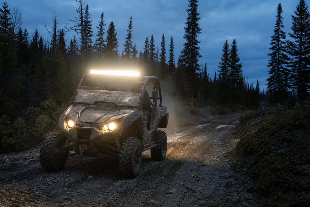 Un SSV éclaire un chemin forestier à la tombée de la nuit avec sa rampe LED