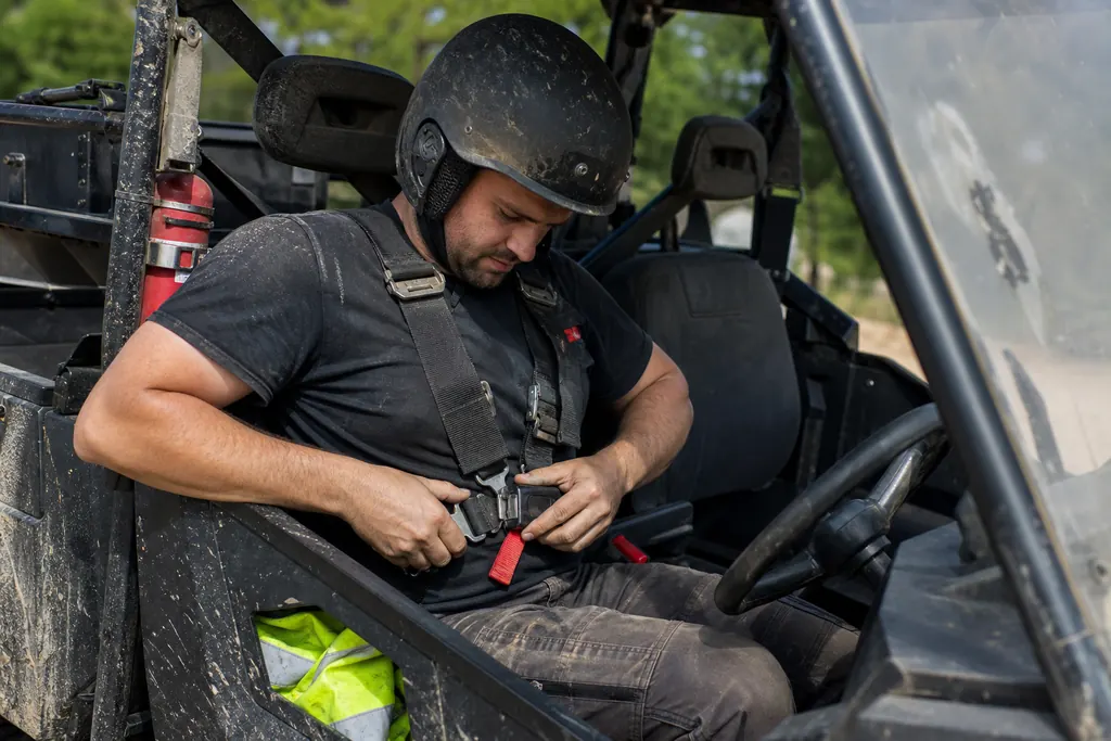 Un pilote boucle son harnais dans un SSV équipé d'un extincteur sur l'arceau