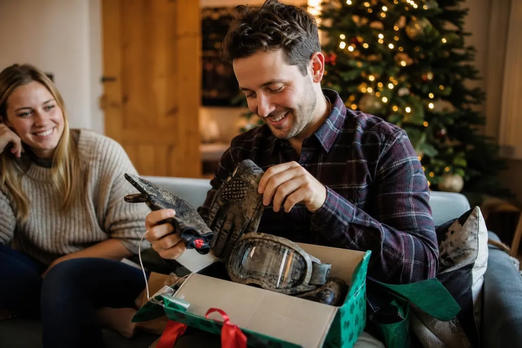 Un passionné découvre des gants et un masque tout-terrain en ouvrant un cadeau