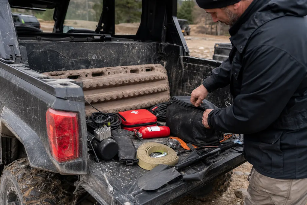 Kit de dépannage rangé dans la benne d'un SSV : compresseur, mèches, trousse de secours