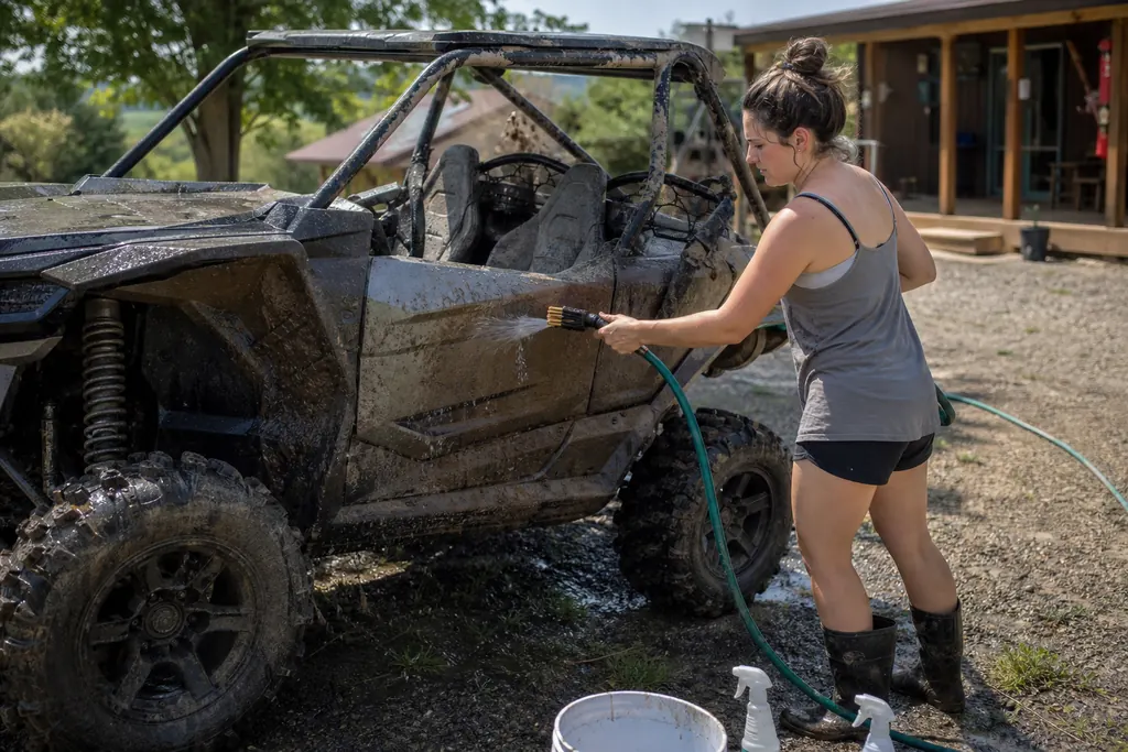 Une jeune femme nettoie les plastiques de son SSV à la brosse et au jet