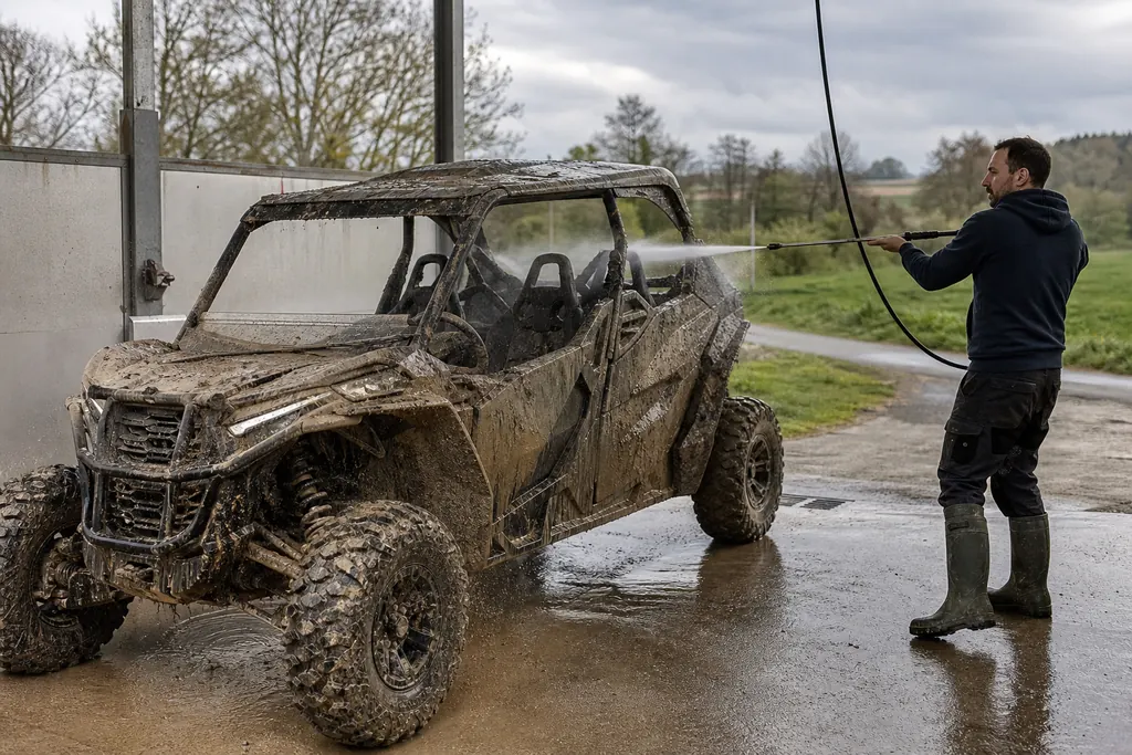 Un pilote lave son SSV couvert de boue au nettoyeur haute pression