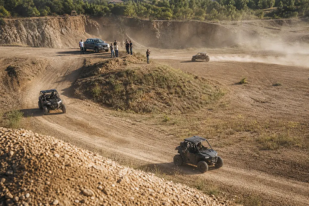 Vue d'un terrain privé tout-terrain aménagé dans une ancienne carrière avec plusieurs SSV