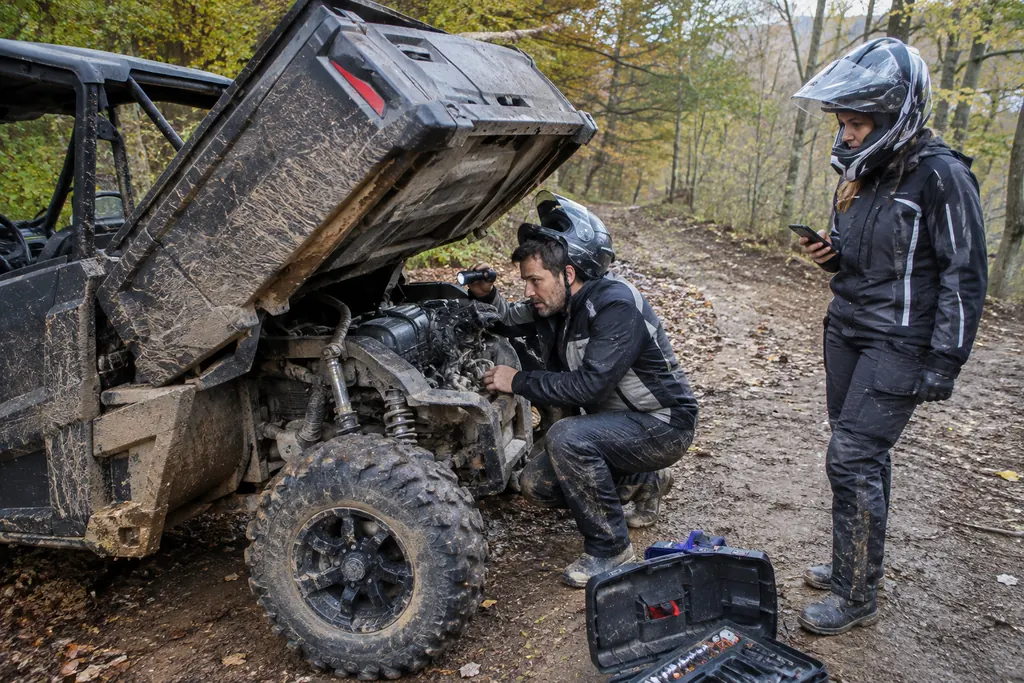 Un pilote casqué inspecte le moteur de son SSV arrêté sur une piste forestière, sa passagère à ses côtés