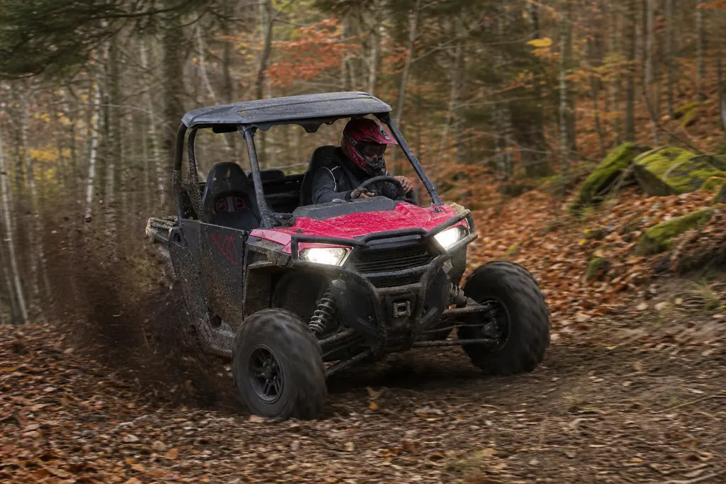 Un SSV sportif rouge négocie un virage sur un chemin forestier en automne