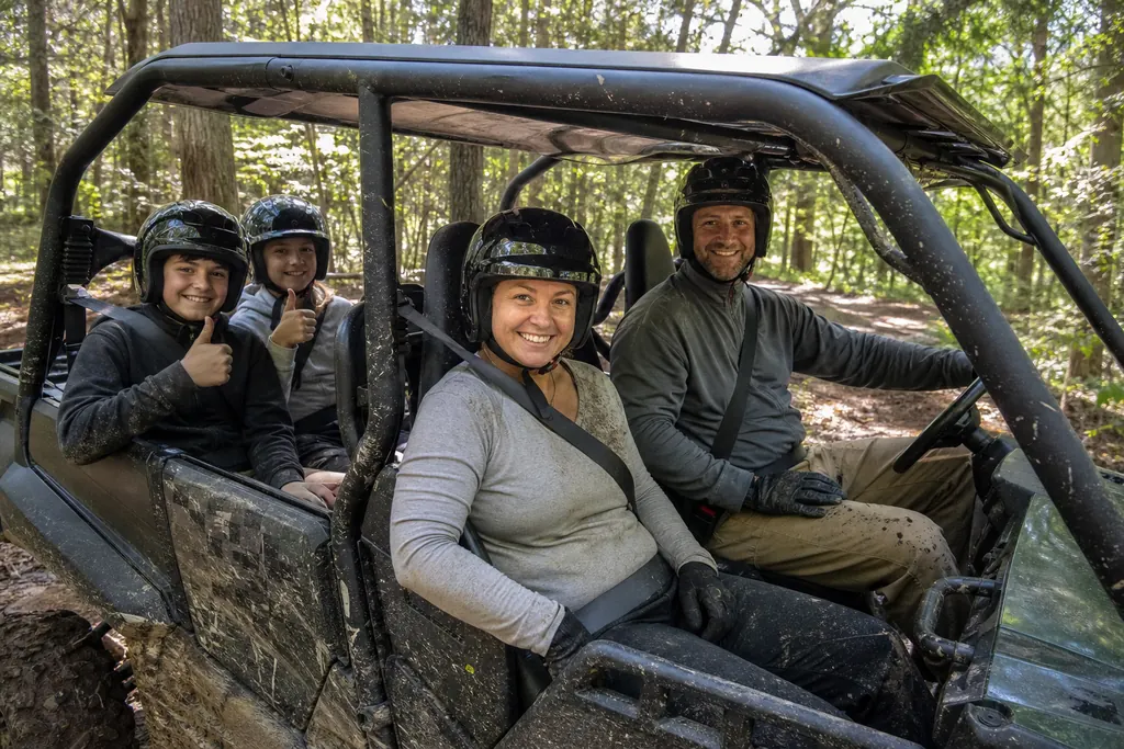 Une famille de quatre personnes installée dans un SSV quatre places en forêt
