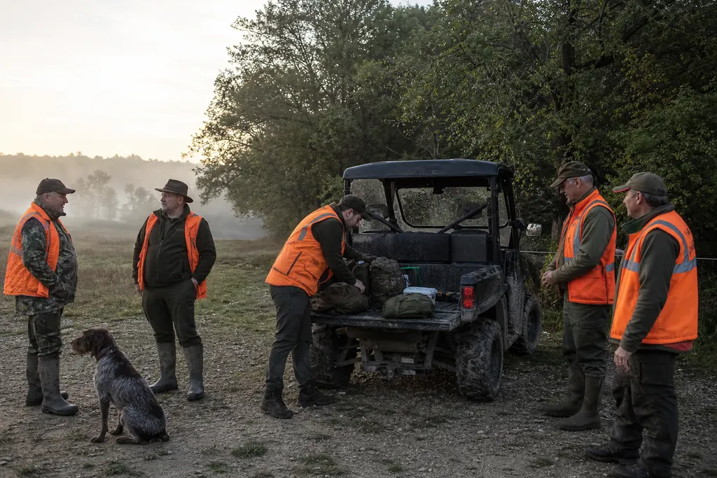Des chasseurs en gilet orange se retrouvent à l'aube autour d'un SSV utilitaire