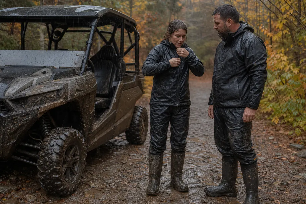 Un couple en veste et pantalon imperméables à côté d'un SSV sous la pluie