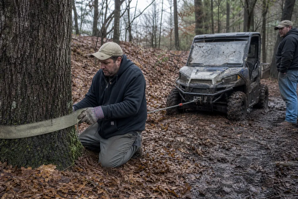Un pilote fixe une sangle d'arbre pour treuiller un SSV embourbé