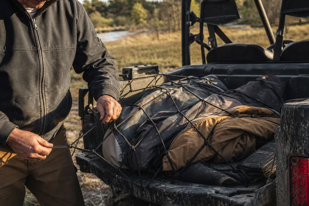 Des mains tendent un filet élastique sur les sacs rangés dans la benne d'un SSV