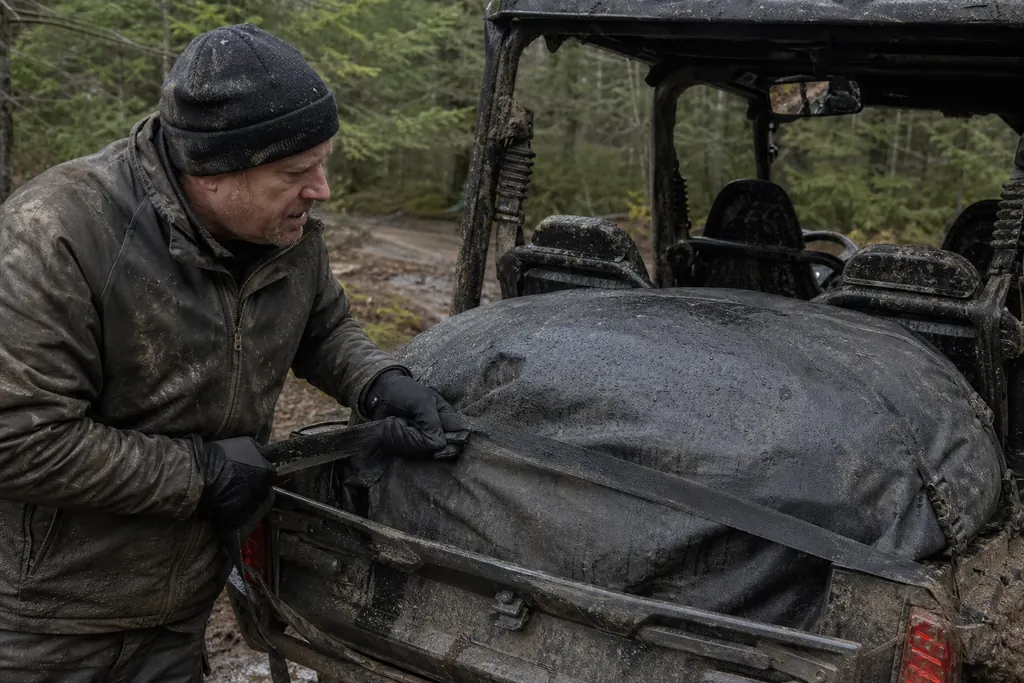 Un grand sac étanche sanglé dans la benne boueuse d'un SSV