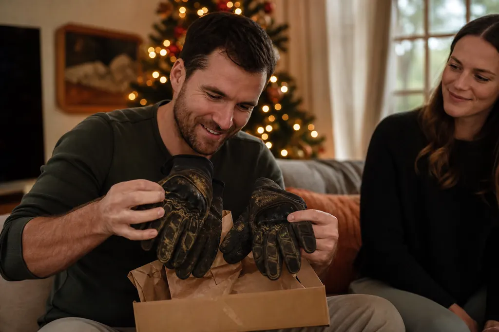 Un passionné découvre une paire de gants tout-terrain en ouvrant un cadeau
