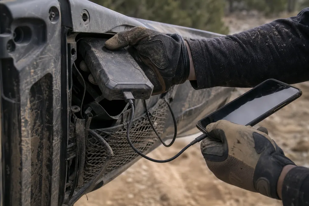 Une main sort une batterie externe renforcée d'une sacoche de SSV