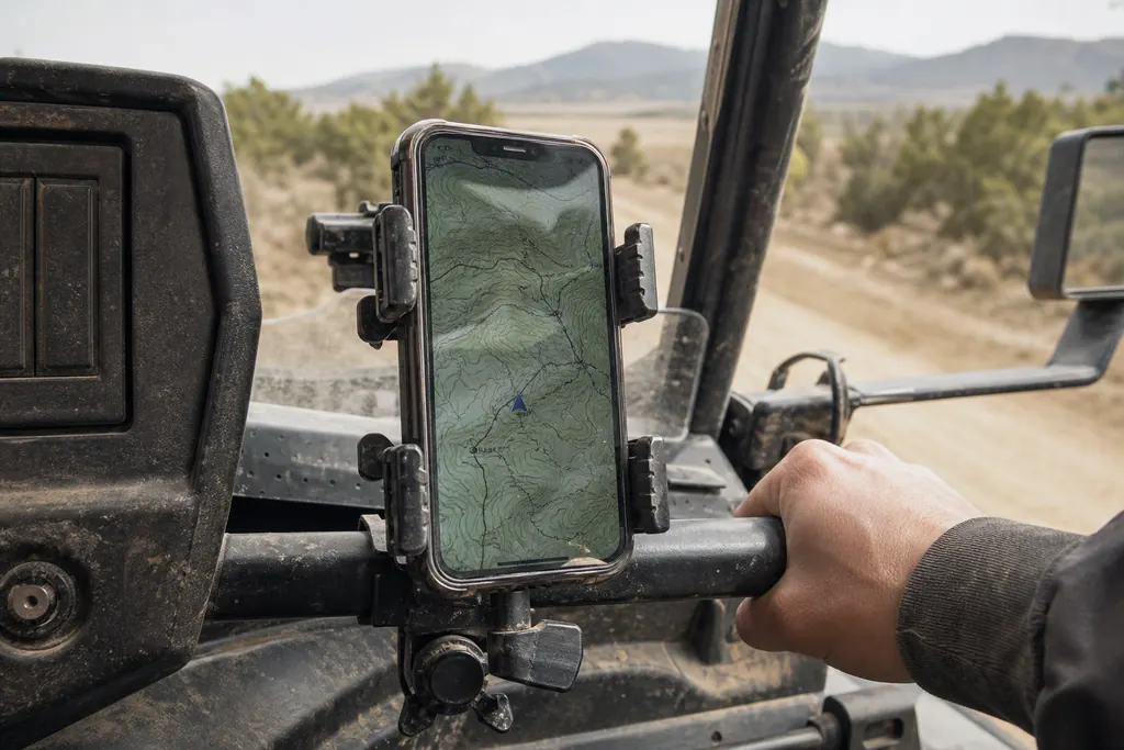 Smartphone affichant une carte dans un support renforcé fixé dans un SSV