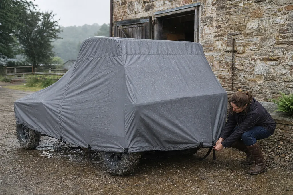 SSV couvert d'une housse grise dans une cour de ferme par temps de pluie