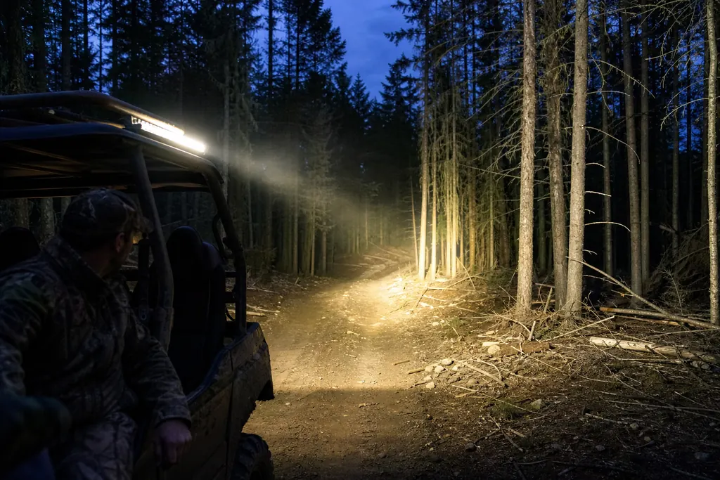 Barre LED allumée sur le toit d'un SSV, éclairant un chemin forestier au crépuscule