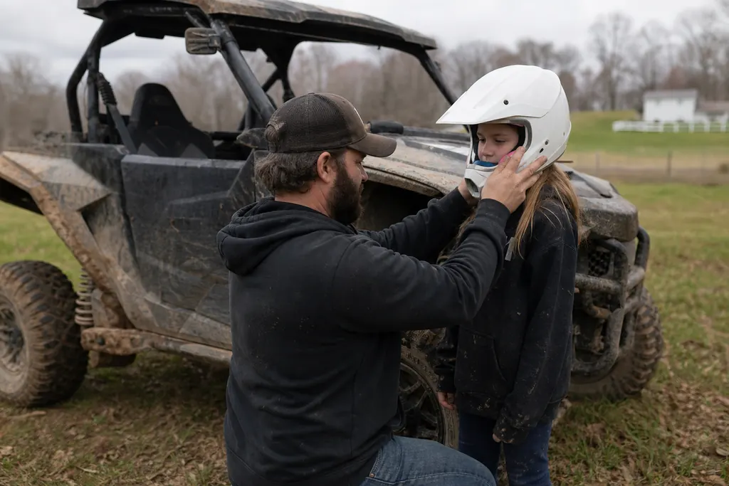 Un père vérifie l'ajustement du casque cross de sa fille devant un SSV
