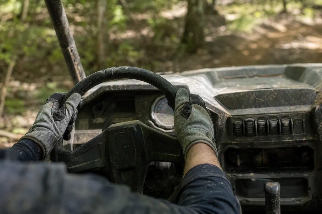 Mains gantées sur le volant d'un SSV en forêt