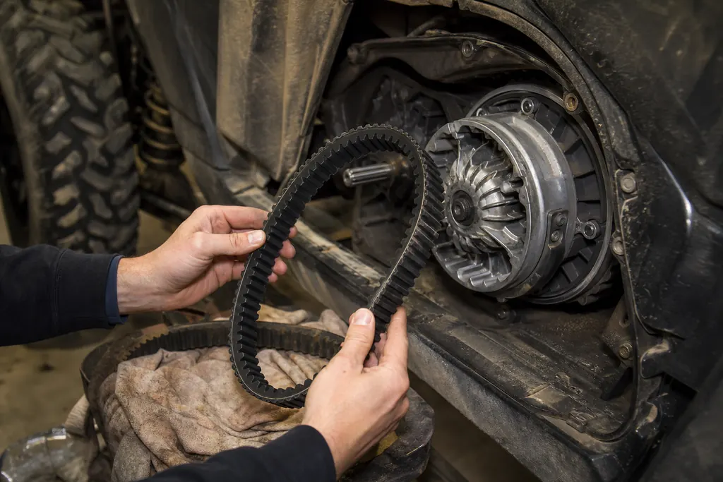 Courroie CVT neuve tenue au-dessus du carter de variateur ouvert d'un SSV