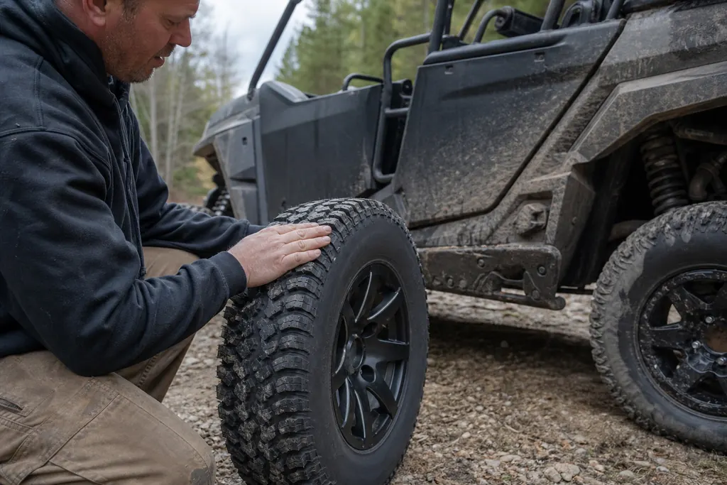 Des mains passent sur la bande de roulement d'un pneu tout-terrain radial de SSV
