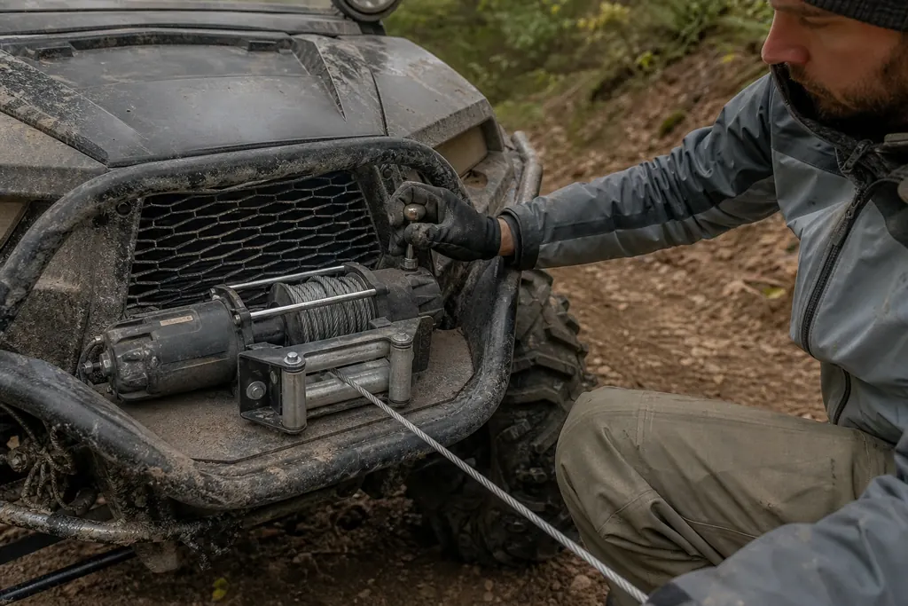 Treuil compact monté à l'avant d'un SSV boueux, une main gantée sur le levier de débrayage