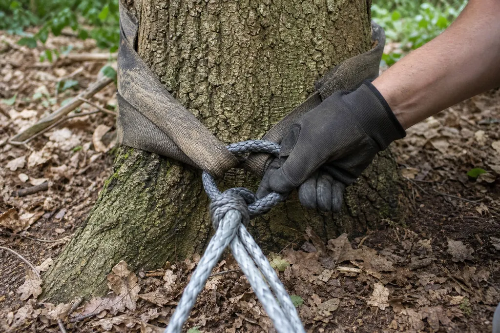 Une main gantée ferme une manille textile sur une sangle d'arbre au pied d'un chêne